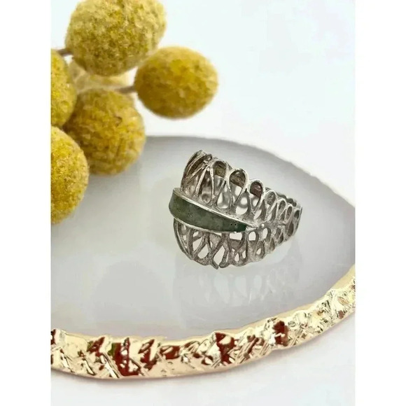 Vintage Sterling Silver Green Marble  Statement Ring - Size 7.25 - Picture 7 of 8